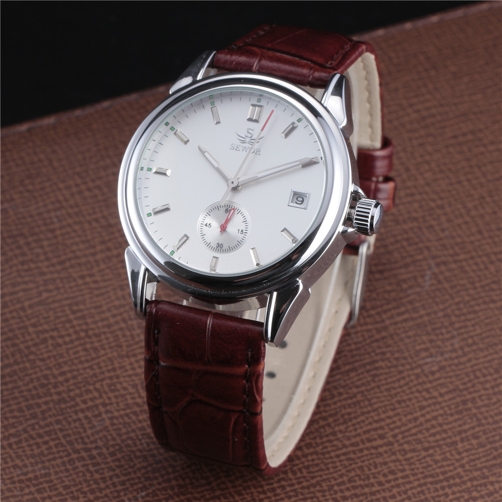 2016 New Fashion Mens Watches Top Leather Strap Casual Auto Date Mechanical Automatic Self Wind Wrist Watch
