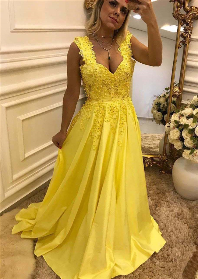 Yellow Long Beaded Prom Dress Lace Appliques Pearls Backless Evening Dress With Bow Evening Party Formal Gown, Ivory
Yellow Long Beaded Prom Dress Lace Appliques Pearls Backless Evening Dress With Bow Evening Party Formal Gown, Ivory