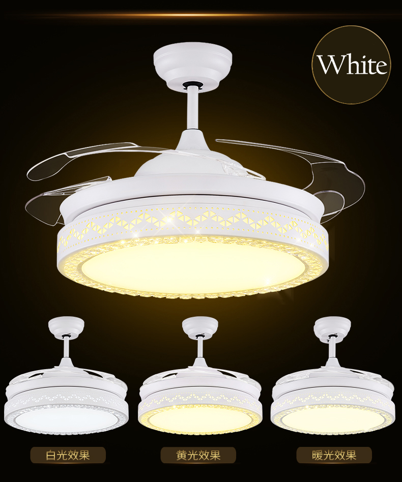 LED Ceiling Invisible Fan Lights Timing Remote Control Frequency Conversion Motor Warm White Light Pendant Lamp Remote Control Crystal