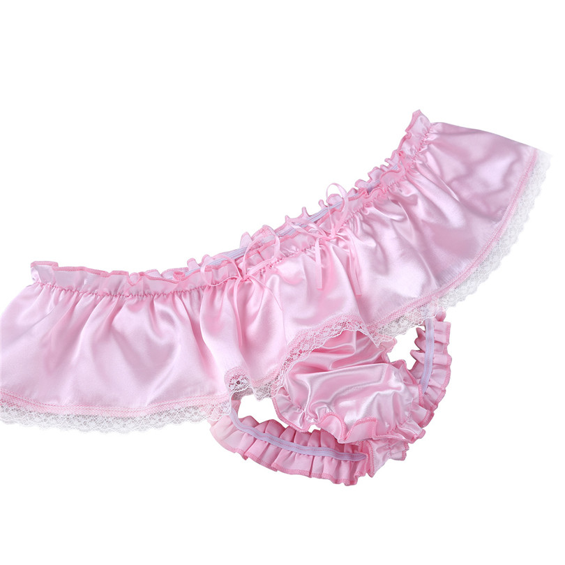 iEFiEL New Arrival Fashion Mens Lingerie Soft Shiny Satin Ruffled 3 Bum Straps Skirted Panties Sissy Lacework Briefs Underwear