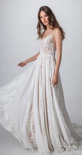 A Line Dresses Abiti Da Sposa Spaghetti Backless Lace Bridal Gowns Bohemia Boho Beach Wedding Dress 0505 0505