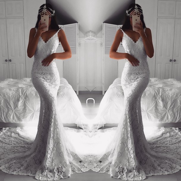 Elegant Lace Wedding Dresses White Mermaid Spaghetti Strap Sweep Train Long Beach Wedding Dress Summer Cheap Bridal Gown Plus Size Dress