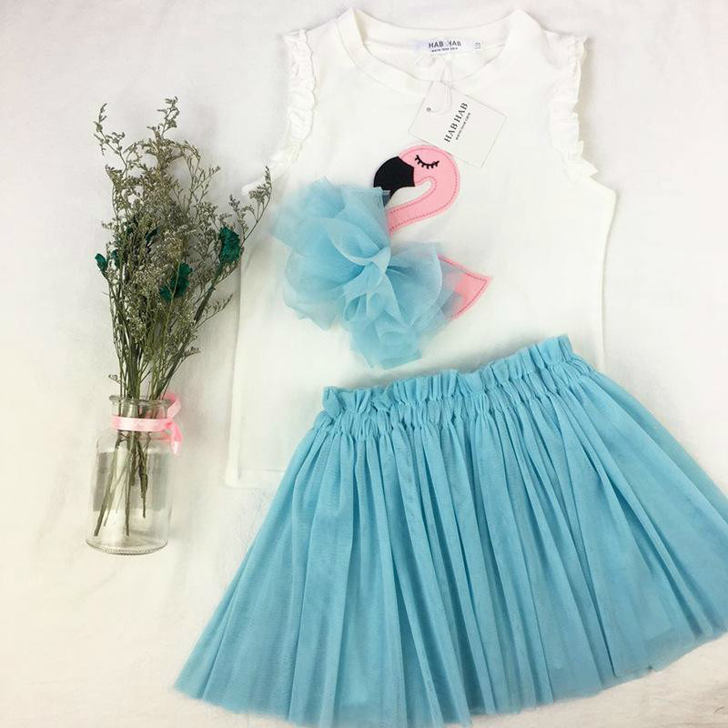 Girl Summer Clothing Sets Flamingo Kids Clothing 2018 Summer Sleeveless Cotton Top + Lace Tutu Skirt korean Children Outfits 2 pcs Sets