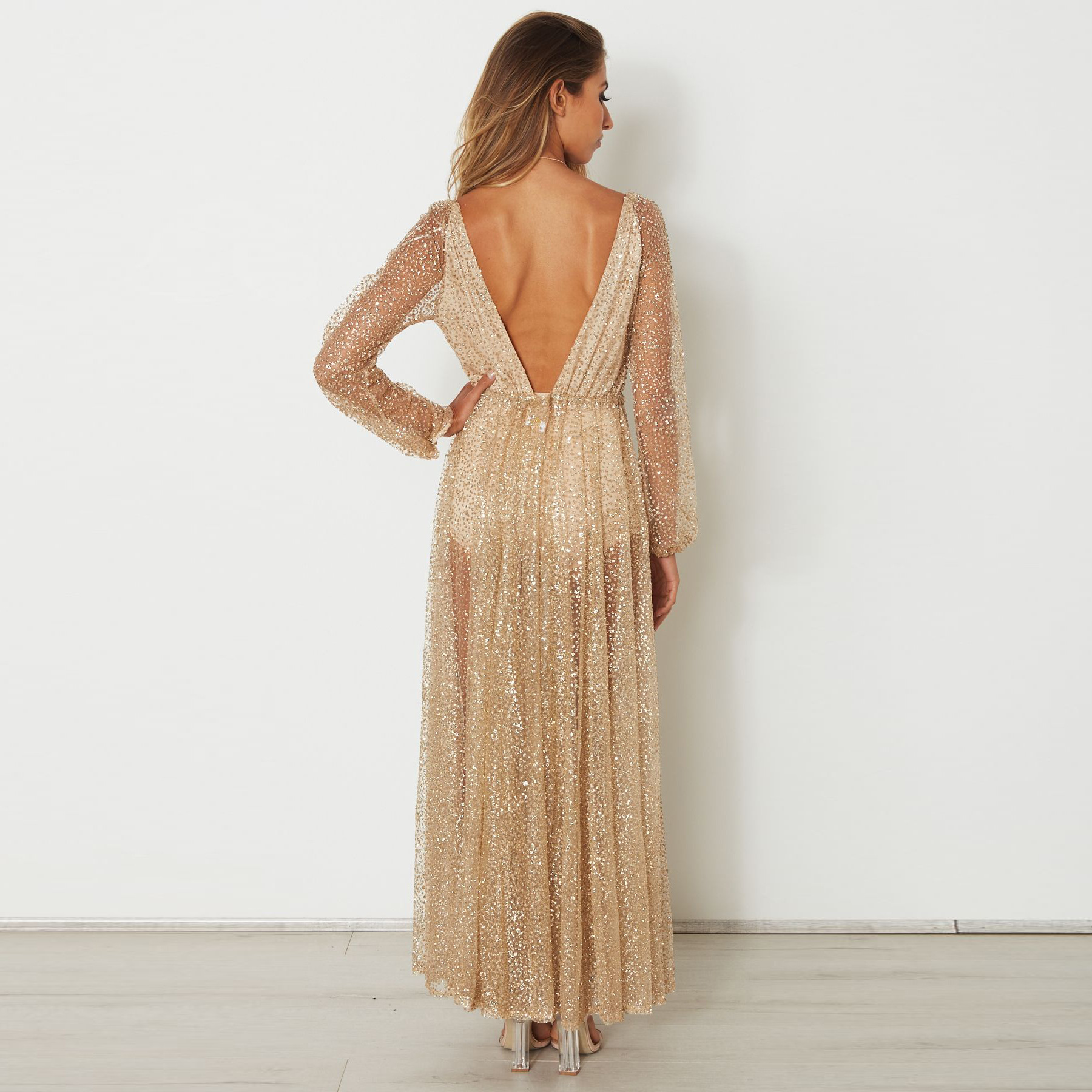 Lady Evening Party With Rhie Gold Maxi Dress Long Sleeves Mesh Sexy Deep V-neck Clothing