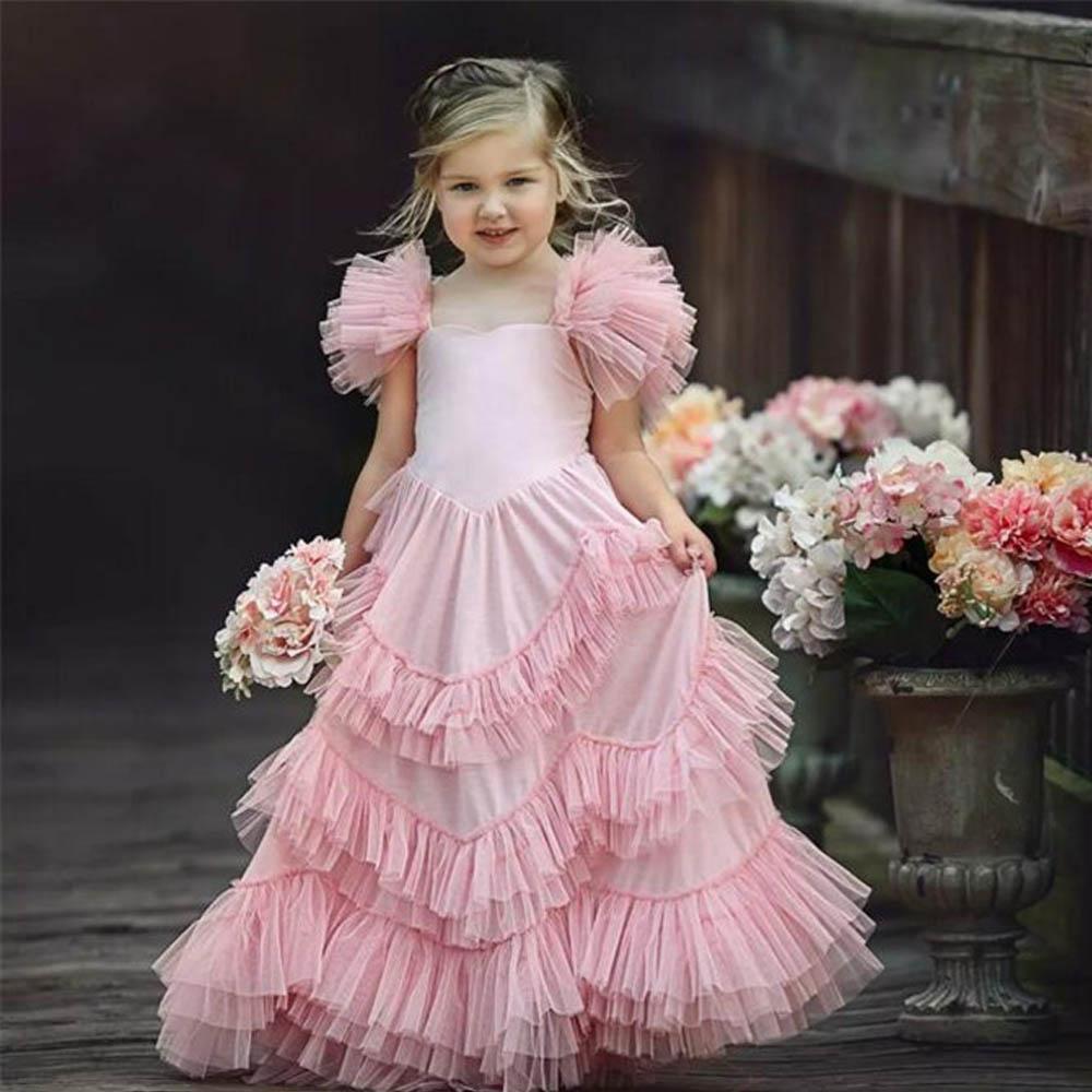 Blush Pink wer Girl For Weddings Ruffle Cute Little Girls Pageant Dress Spaghetti Strap Tulle First Holy Communion Dresses