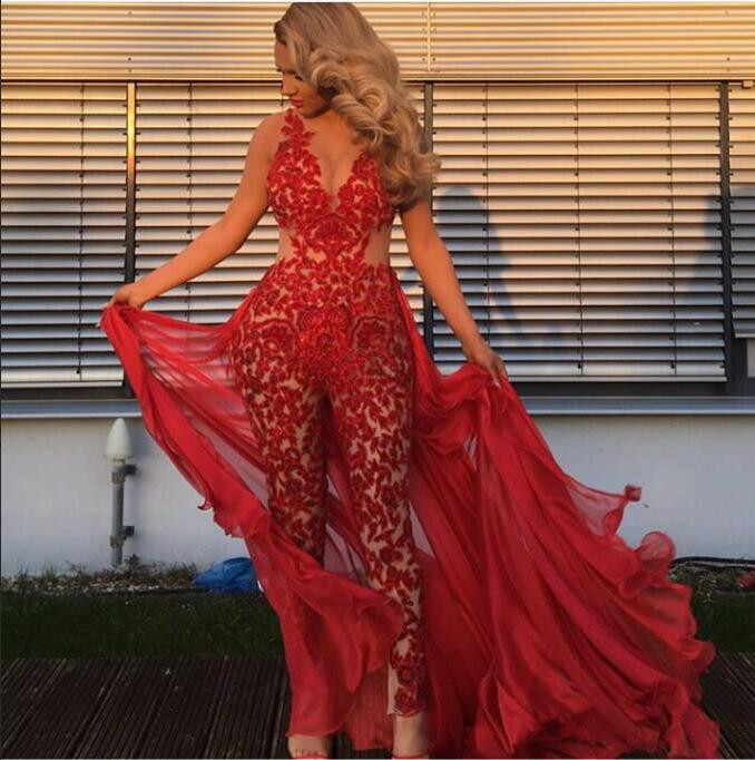 red jumpsuits prom dresses with trail saudi arabic illusion v neck evening gowns lace appliqued zuhair murad party suit