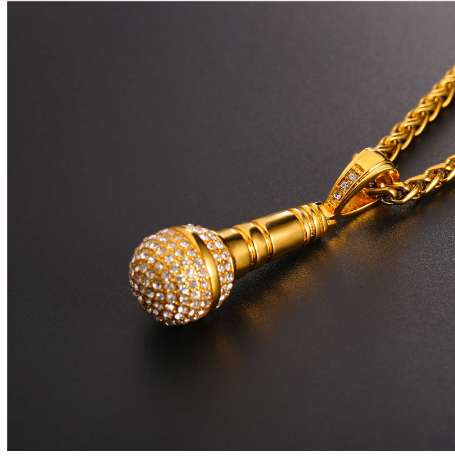 U7 Ice Out Chain Necklace Microphone Pendant Men/Women Stainless Steel Gold Color Rhinestone Best Friend Jewelry Hip Hop P1018