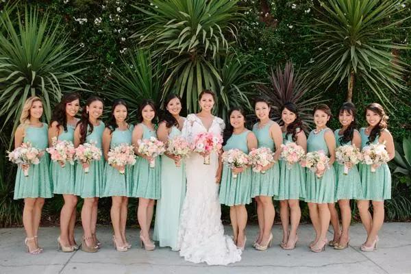 Lovely Lace Turquoise Bridesmaid Dresses with Champagne Sash Jewel Neck Low Cut Back A Line Knee Length Short Beach Wedding Dresses
