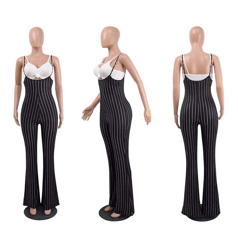 SexeMara Black Striped Casual 2 Piece Set Women Summer Outfits Sexy Spandex Crop Top and Sling Long Flare Pants Suit D35-AD22