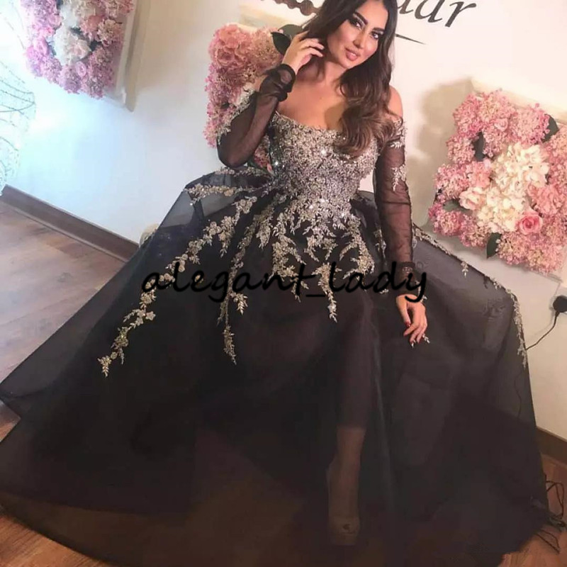 Plus Size Off Shoulder Prom Party Dresses with Long Sleeve 2019 Black Silver Shiny Lace Applique Dubai Arabic Occasion Evening Gown
