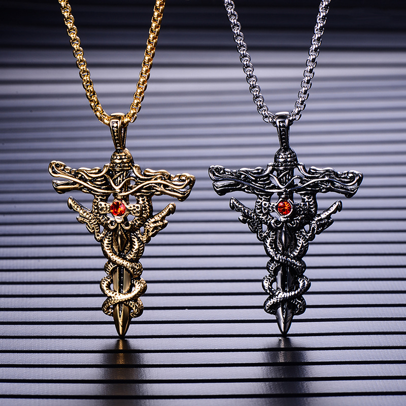 Classic Men's Retro Cross Jewelry - 18K Gold Plating over 316L Stainless Steel with Eye-Catching Red Rhinestone Detailing