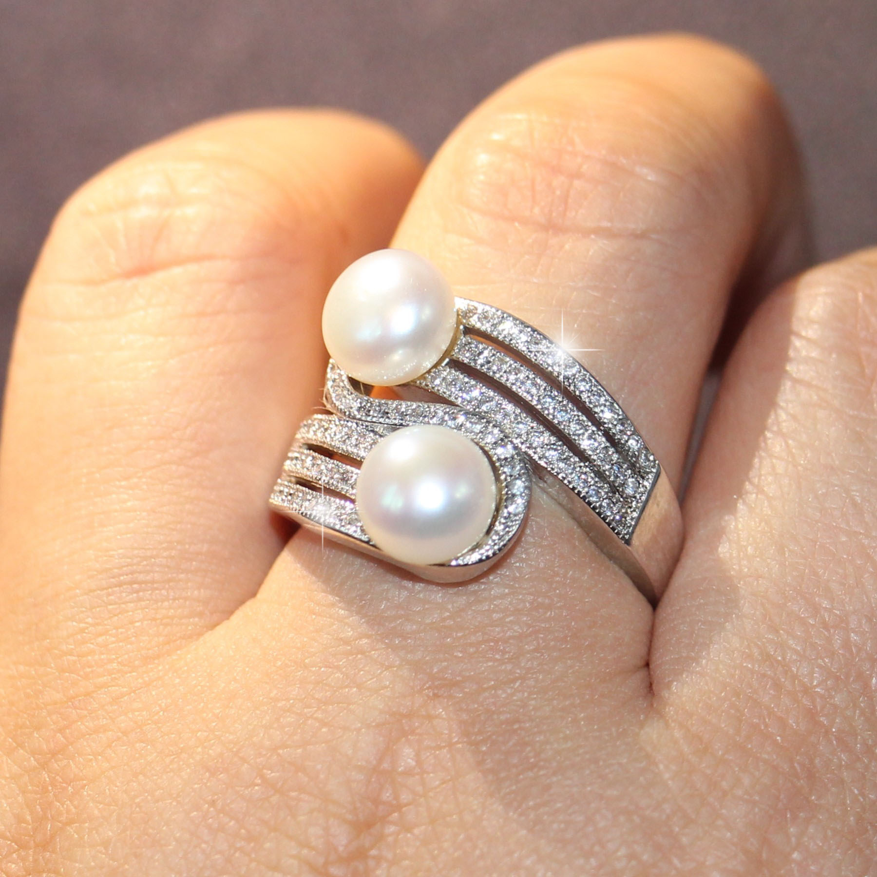 2018 New Arrival Top Selling Luxury Jewelry 925 Sterling Silver Two Pearl Pave CZ Diamond Party Office Women Band Ring For Lovers' Gift