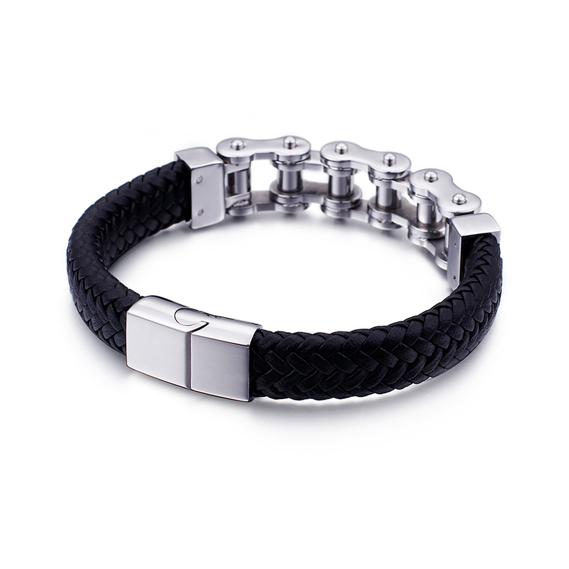 Vintage Men's Stainless Steel Bicycle Chain Bracelet Thick Heavy Hip Hop Rock Motorcycle Chain Leather Weaving Bangle Jewelry