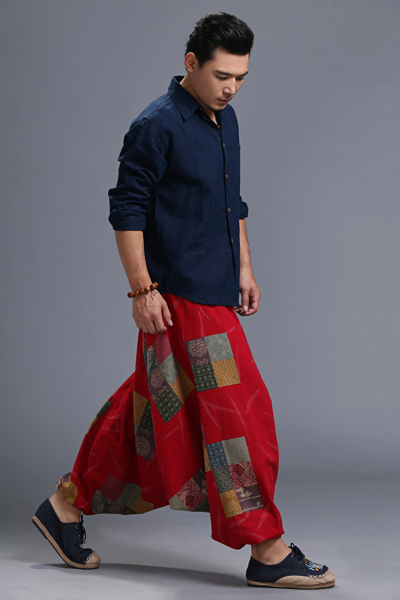 Unisex Casual Big Large crotch Elastic pants India Nepali yoga trousers Chinese Style Men wear black blue Red Vintage Print Harem Pants