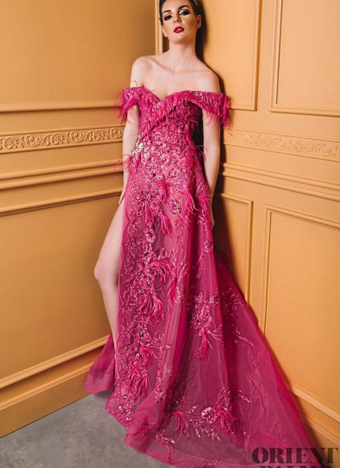 Sexy Evening Dresses Lace Luxury Beaded Feather Side Split Off Shoulder Prom Dress Party Sweep Train Illusion Plus Size Formal Gowns