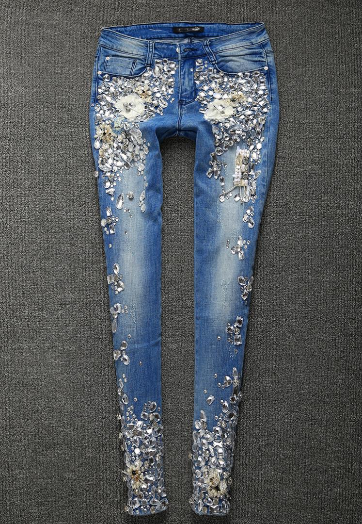 Women Rhinestones Diamond Leggings Denim Jeans Women Pants Skinny Stretch Plus Size Pencil Slim Vintage Trouser