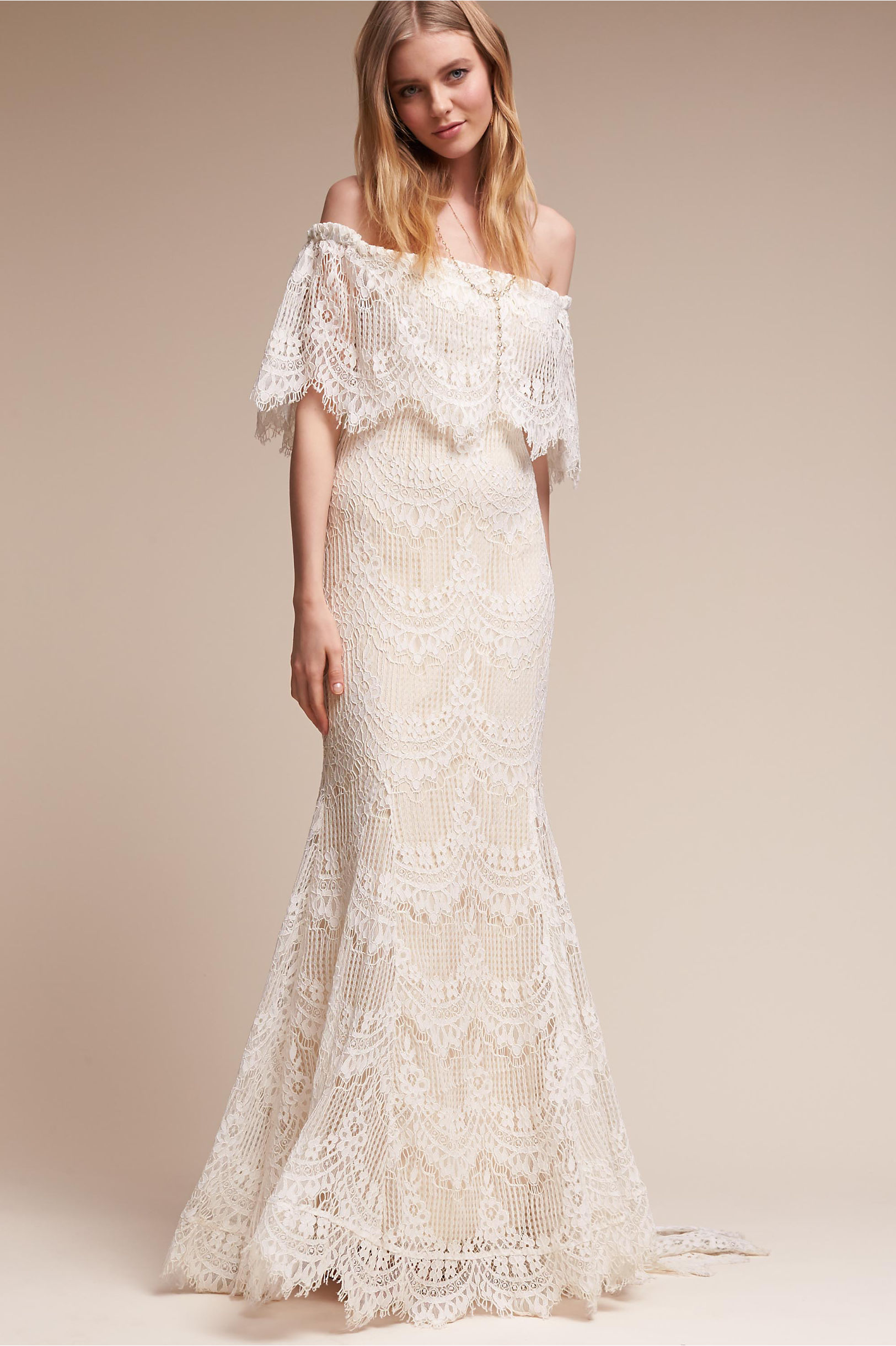 Bhldn Mermaid Dresses Off Shoulder Sweep Train Ivory Lace Appliques Beach Brodal Gowns Elegant Plus Size Country Wedding Dress