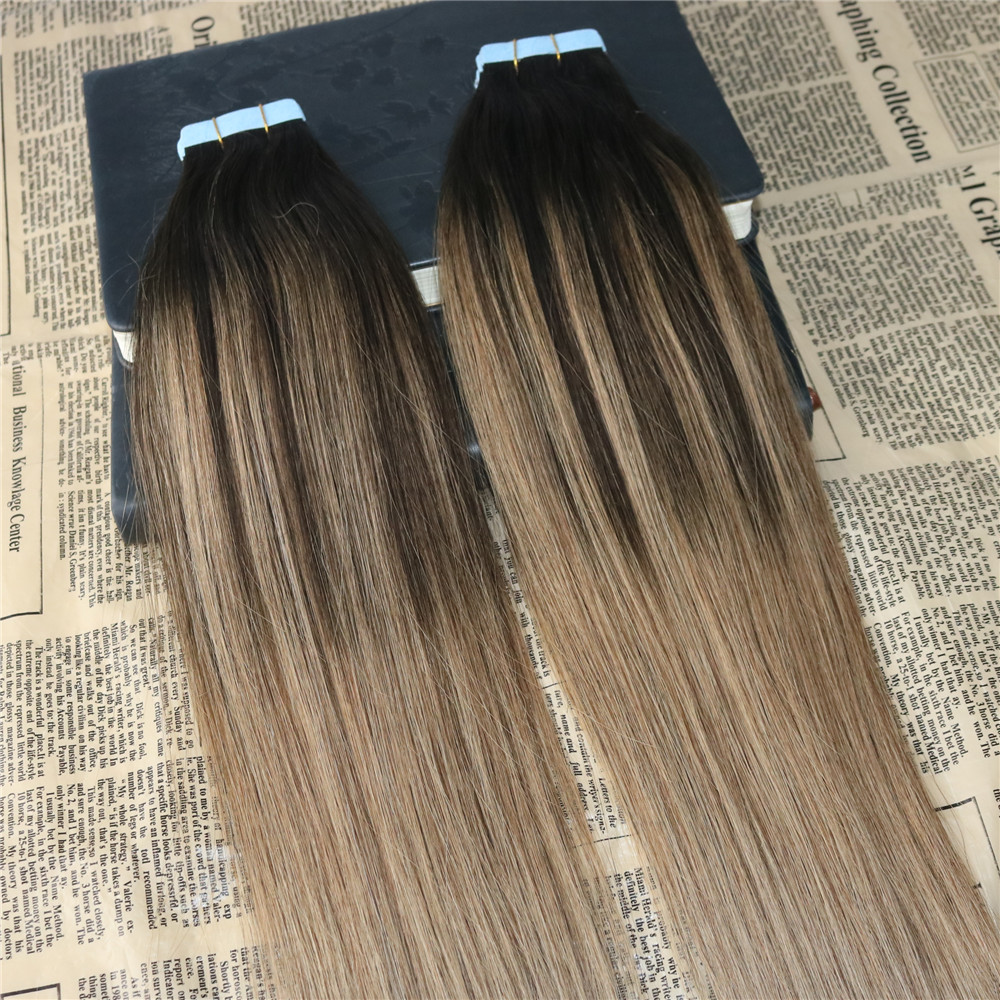 Ombre Color #2 Dark Brown fading to #6 Balayage Skin Weft Human Hair Extensions Tape in Extensons Slik Straight 40Pcs Tape on Hair