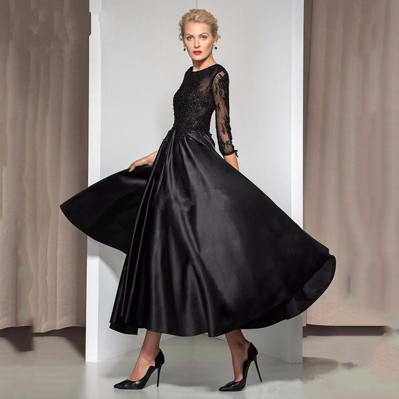 Vintage Black Tea Length Mother Of The Bride Dresses 3/4 Long Sleeves Jewel Neck Lace Mothers Formal Dress Plus Size Evening Gowns