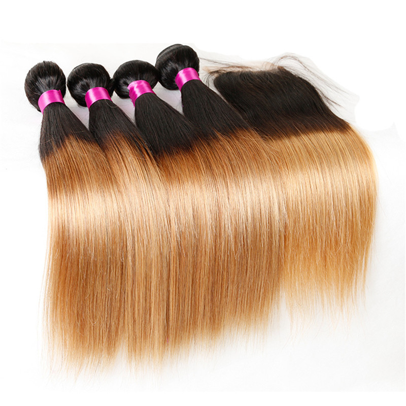 Ombre Brazilian Hair Bundles With Closure Blonde Brazilian Virgin Human Hair Extensions 1B/4/27 1B/27 Ombre Straight Hair And Closure от DHgate WW