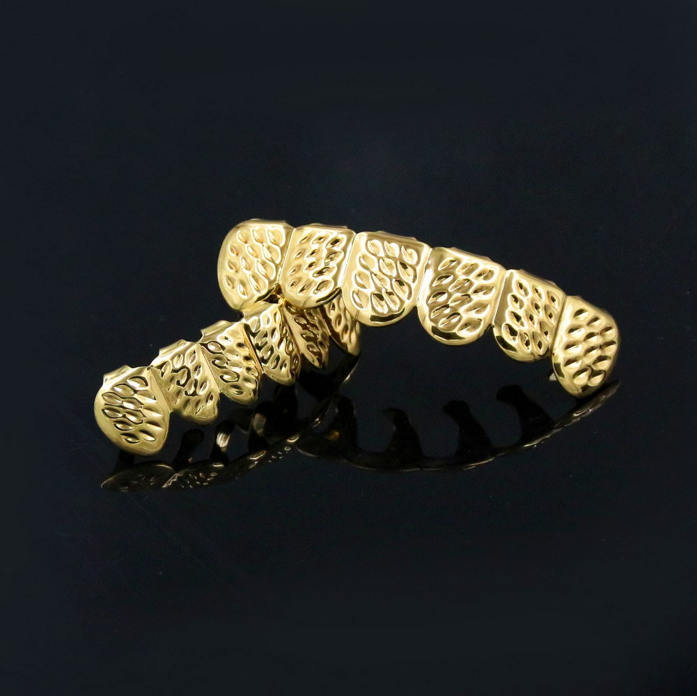 18K Real Gold Braces Punk Hip Hop Teeth Grillz Dental Mouth Fang Grills Up Bottom Tooth Cap Cosplay Party Rapper Jewelry Gifts Wholesale