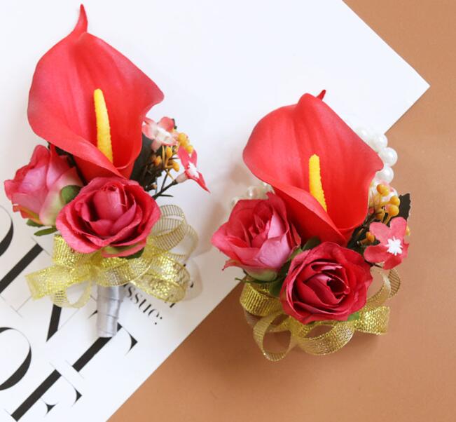 Boutonniere Wedding Corsages and Boutonnieres Ribbon Roses Callas Silk Flower Boutonnieres Groom Men Mariage Wedding Accessories