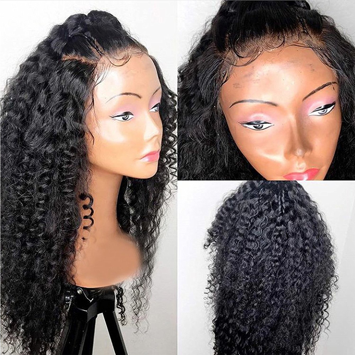 Kinky Curly Human Hair Lace Front Wigs 130% Density Brazilian Virgin 360 Lace frontal Wig for Black Women 16Inch