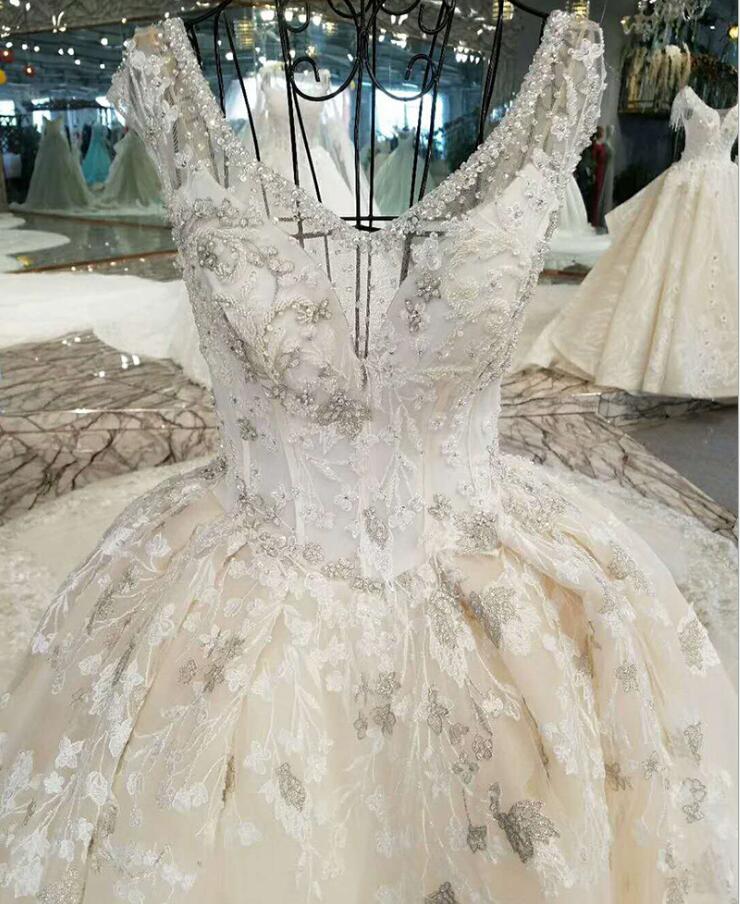 Real Pictures Dresses V Neck Beading Appliques Lace Up Back Sweep Train Dubai Arabic Bridal Gowns Wedding Dress