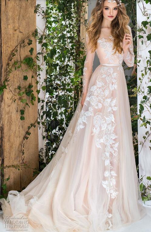 Papilio 2018 Light Champagne Wedding Dress Sexy Sheer Neck Backless Long Sleeves Tulle Bridal Gowns Elegant Beach Wedding Dresses