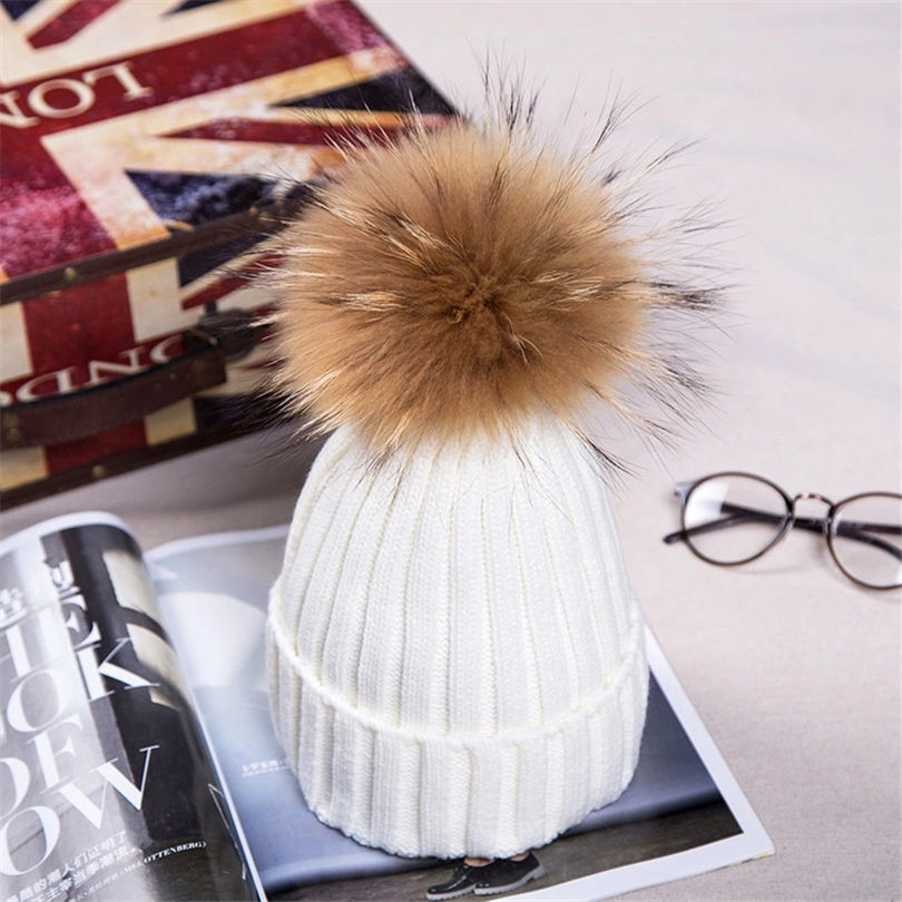 Raccoon Fur Ball Pom poms winter hat for women girls knitted wool beanies caps thick female Women's Fur gorros hats Detachable D18110102