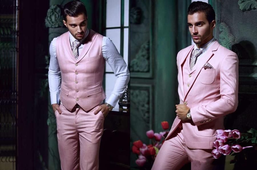 Handsome Slim Fit One Button Pink Groom Tuxedos Beautiful Groomsman Men Formal Men Prom Dinner Business Suits (Jacket+Pants+Tie+Vest) NO:820