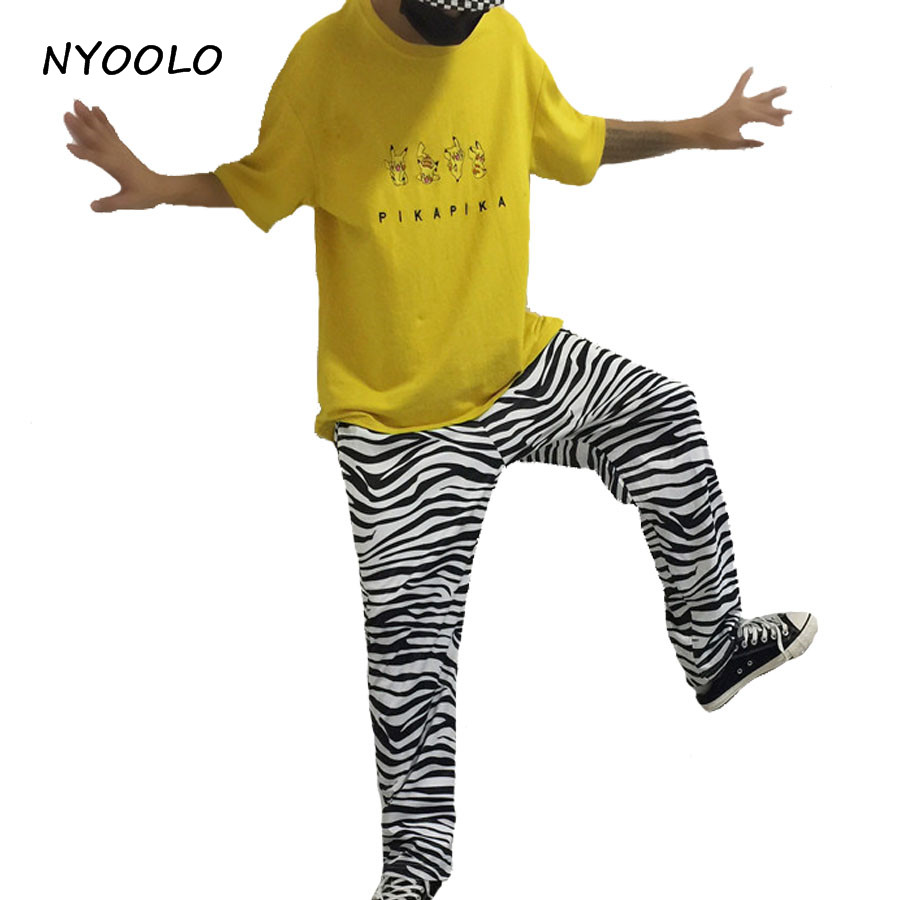 NYOOLO Vintage zebra striped paern Harajuku design elastic waist loose casual straight pants women/men hip-hop trousers