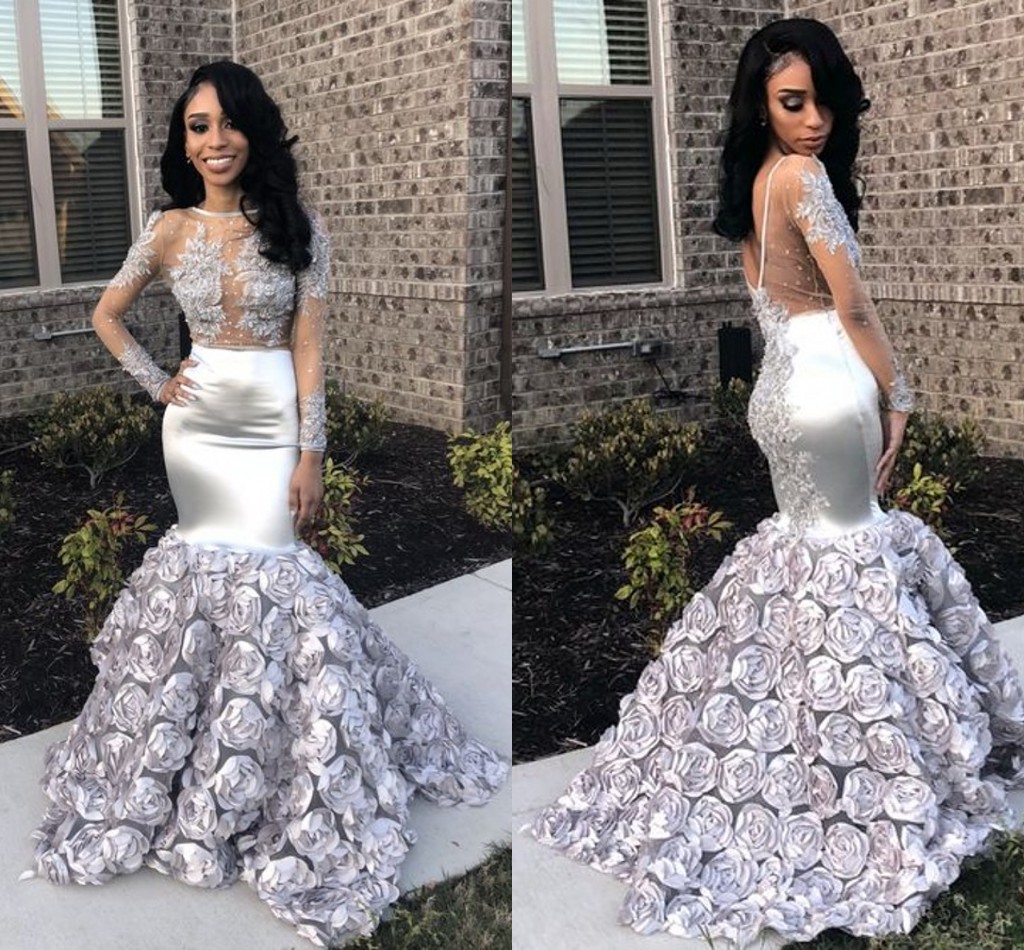 Sexy Silver Mermaid Prom Dresses Sheer Neck Long Sleeves Beaded Appliques Satin Flowers Backless African Party Dresses, Black
Sexy Silver Mermaid Prom Dresses Sheer Neck Long Sleeves Beaded Appliques Satin Flowers Backless African Party Dresses, Black