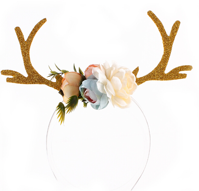 Christmas Headband Elk Deer Antlers Ear Hair Hoop with Flowers Antlers Costume