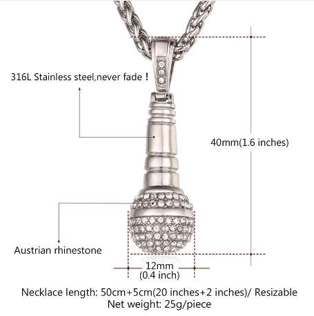 U7 Ice Out Chain Necklace Microphone Pendant Men/Women Stainless Steel Gold Color Rhinestone Best Friend Jewelry Hip Hop P1018