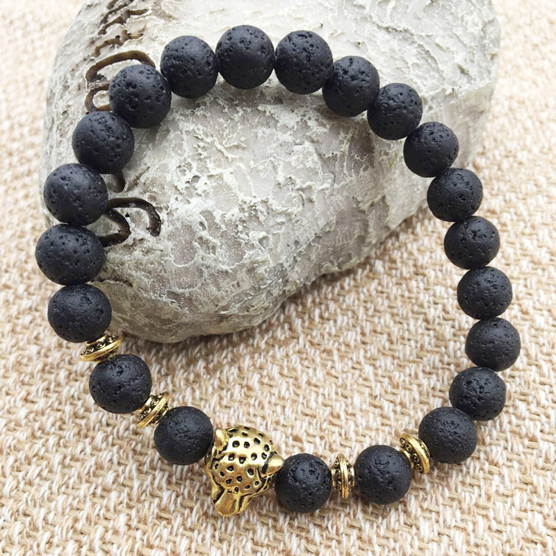 Natural Bracelet Black Lava Stone 1 Beads with Leopard Head Essential Oil Diffuser for Aromatherapy and Daily Wear Gift High Quality Texture