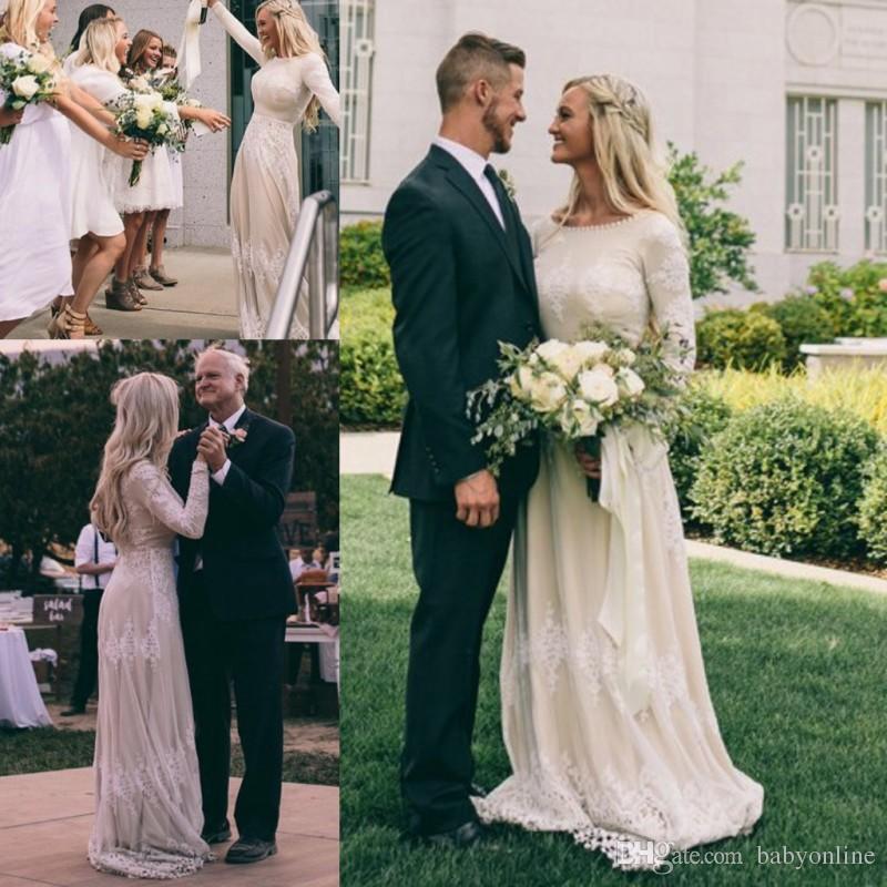 Beach A Newest Line Dresses Country Style Scoop Lace Applique Long Sleeves Sweep Train Bridal Gowns Wedding Dress Vestidos De Novia Pplique