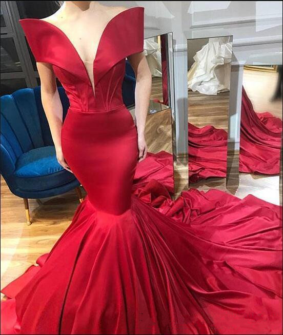 Off Shoulder Mermaid Prom Dresses 2018 New Red Satin Evening Gowns Sexy Low Cut Sweep Train Women Formal Party Dress Cheap