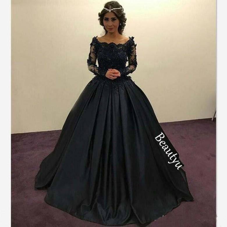 Graceful Black Princess Ball Gown Evening Dresses Long Sleeve Sheer Lace Beaded Appliques Scoop Ruched Evening Party Gowns Formal Prom Dress