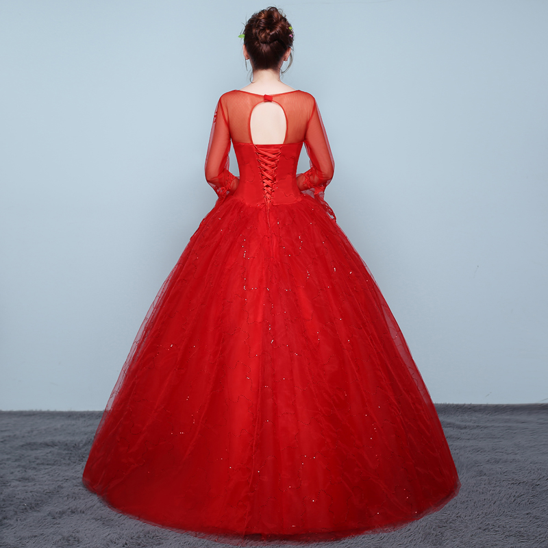 New Fashion Classic Romantic Red Ball Gown Wedding Dress 2018 New Illusion Lace Long Flare sleeve Custom Plus Size Bridal Dress