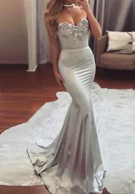 Silver Strapless Mermaid Evening Dresses Lace Applique Beaded Top Sweep Train Backless Prom Gowns Cheap Party Dress