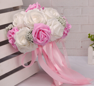Fresh And Romantic Bride Holding Flowers Rose And Babysbreath Artificial Flowers Pink,Orange,Purple And Red Bridal Bouquets
