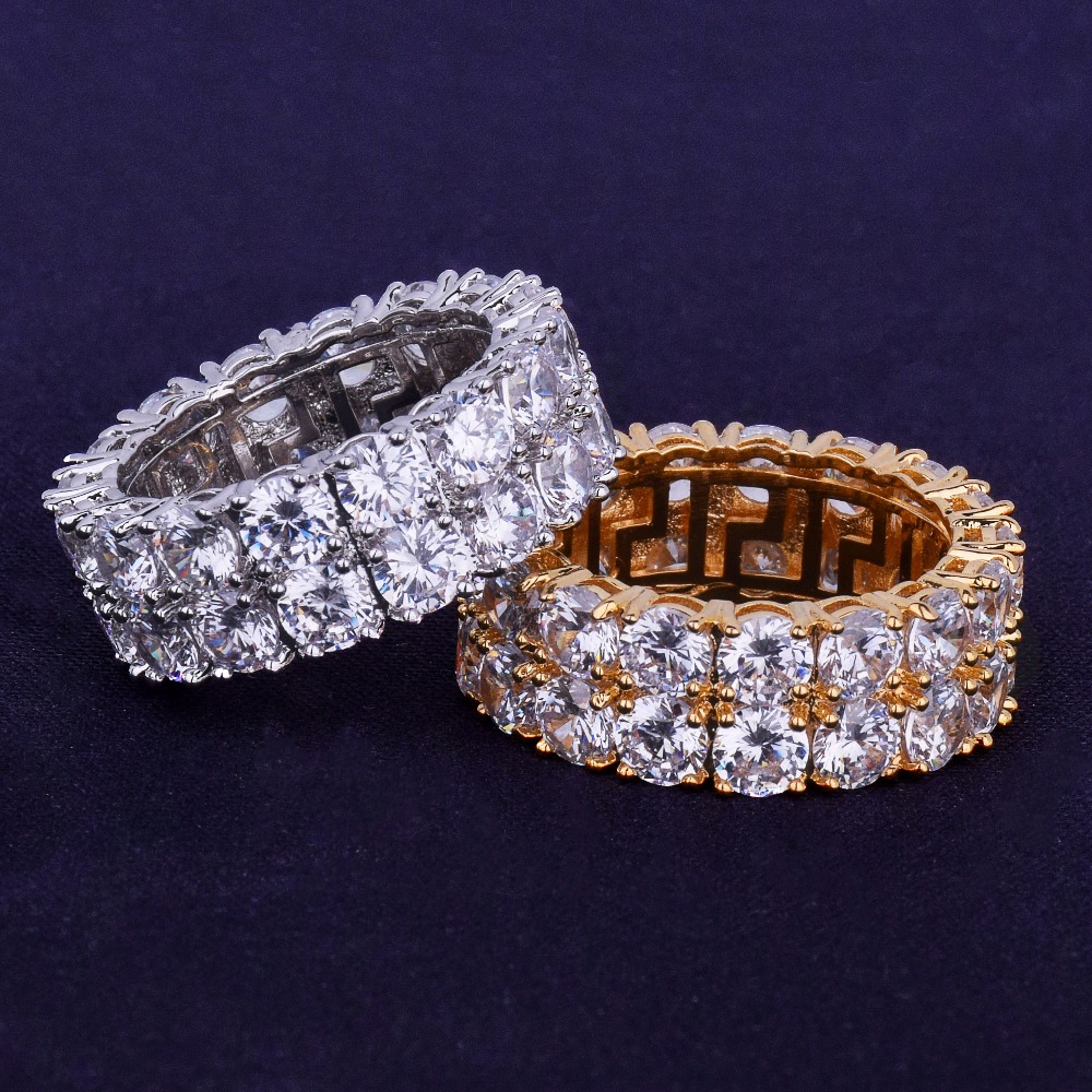 Two Row Solitaire Men039s Ring Copper Charm Gold Silver Color Cubic Zircon Iced Out RING Fashion Hip Hop Jewelry1060585