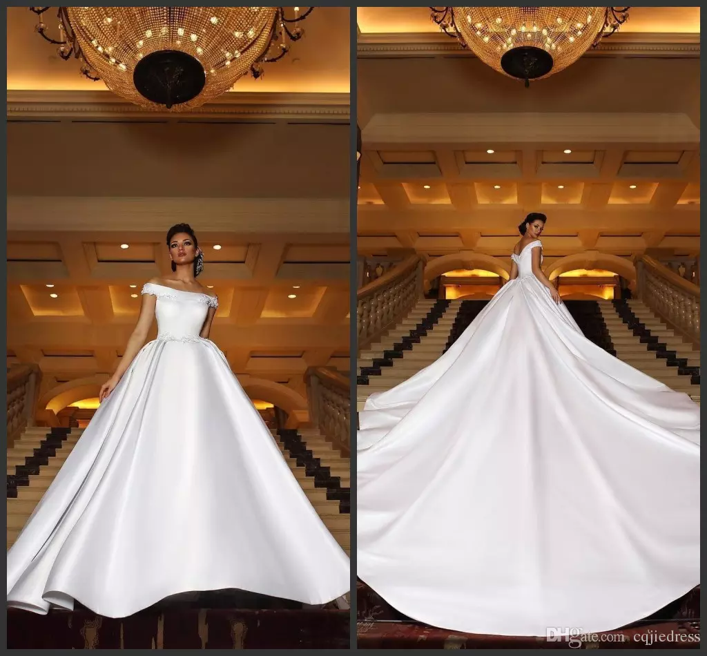 Gorgeous Arabic Wedding Dresses Long Train Off Shoulder Lace Appliques Satin Plus Size Bridal Gowns vestido de novia