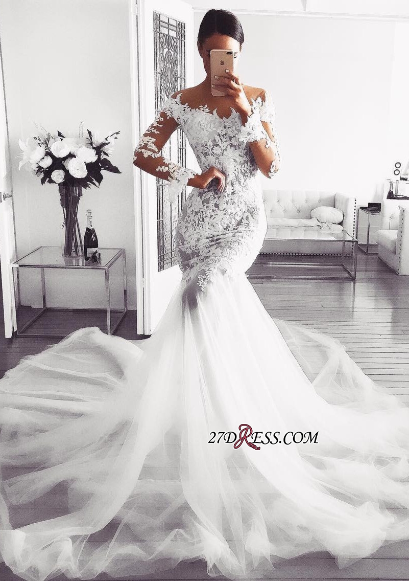 D ral Elegant Mermaid Wedding Dresses Sheer Neck Appliques Lace Tulle Plus Size Long Sleeves Cheap Bridal Gowns Illusion Back