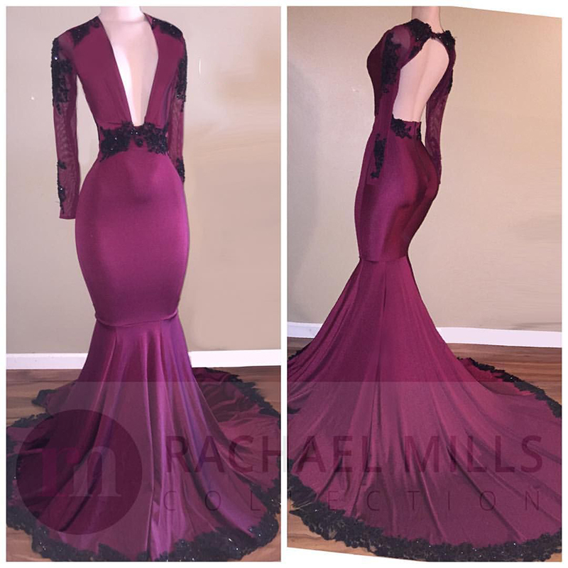 New Sexy Open Back Purple Mermaid Prom Dresses Deep V Neck Long Sleeves Black Appliques Sweep Train Prom Dress Celebrity Evening Gowns, Grape
New Sexy Open Back Purple Mermaid Prom Dresses Deep V Neck Long Sleeves Black Appliques Sweep Train Prom Dress Celebrity Evening Gowns, Grape