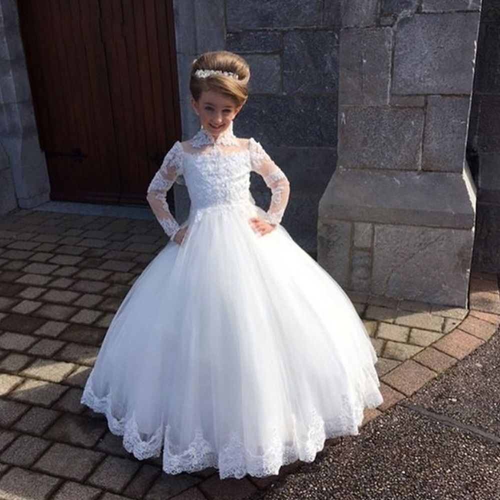 Stylish White Ball Wer Girls Dress For Wedding Party High Neck Full Sleeve Appliques Kid Holy Communion Gown Tulle Baptism Gowns 0213