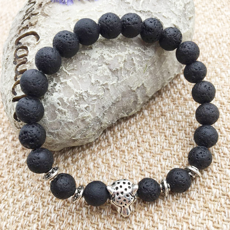 Natural Bracelet Black Lava Stone 1 Beads with Leopard Head Essential Oil Diffuser for Aromatherapy and Daily Wear Gift High Quality Texture