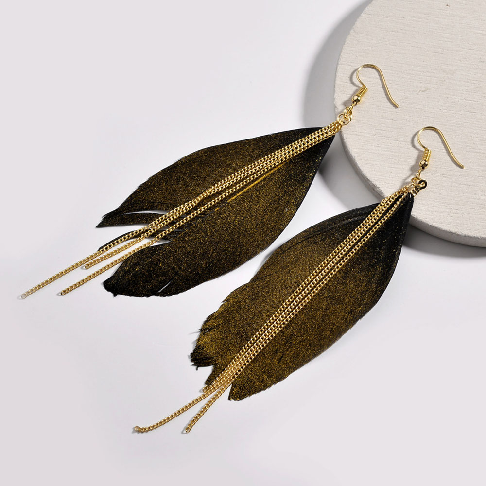 New Arrival Ethnic Long Feather Earrings For Women Gold Metal Chain Tassel With Color Feather Earrings