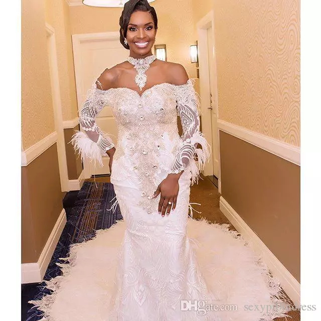 Mermaid Dresses Off The Shoulder High Neck Lace Appliques Bg Crystal Plus Size Wedding Dress Long Sleeve Bridal Gowns